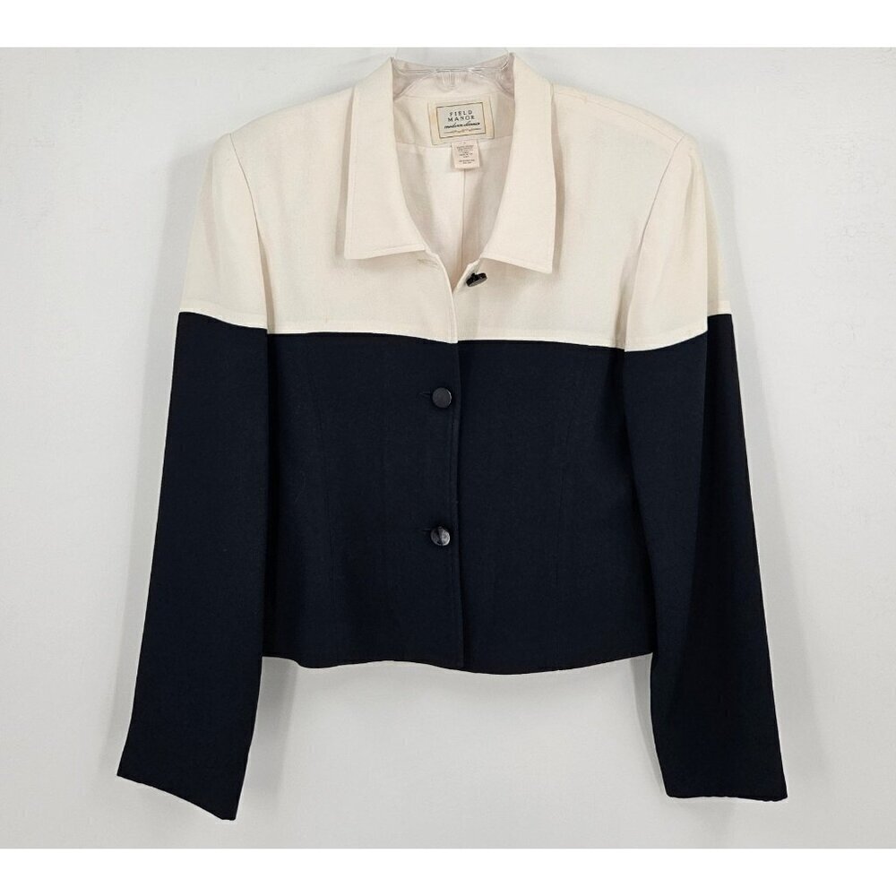 Field Manor Modern Classic Womens Sz 10 Vntg Navy White Long Sleeve Blazer